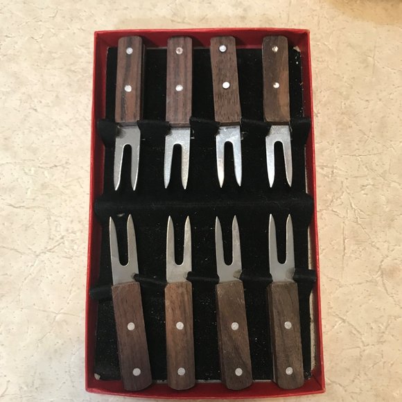 Vintage MCM Corn Skewer Cocktail Picks Forks Wood Handle Set of 8 - Picture 2 of 12